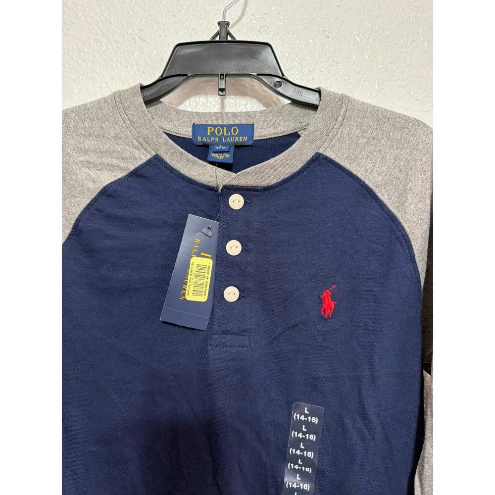 Polo Ralph Lauren Boys Navy Raglan Henley Shirt Long Sleeve Size L 14-16 NWT
